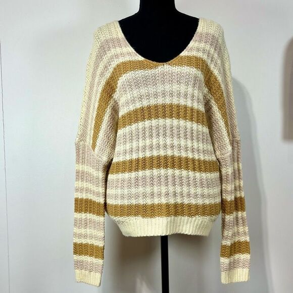 Cozy Striped Women’s V-Neck Sweater Cream Brown Lavender - Picture 1 of 13